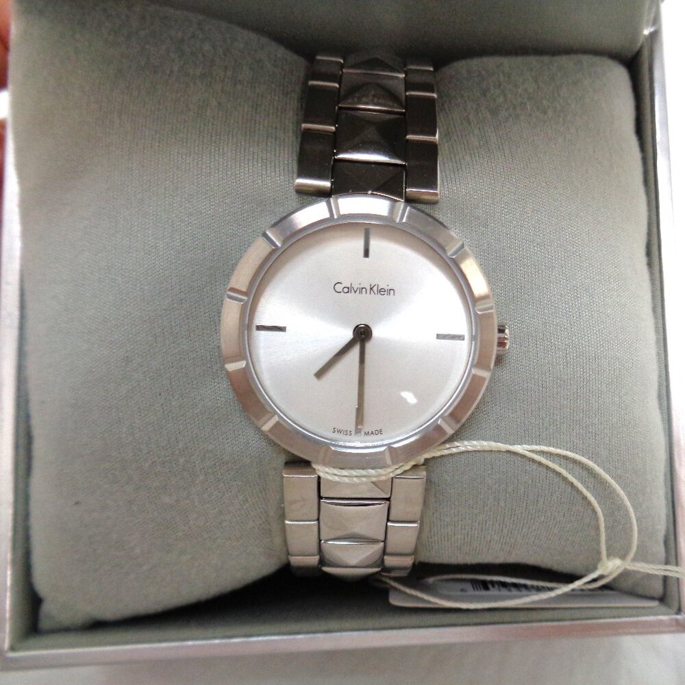 Women's Calvin Klein Watch K5T 331 Silver Stainless Steel Pyramid Studs NWT